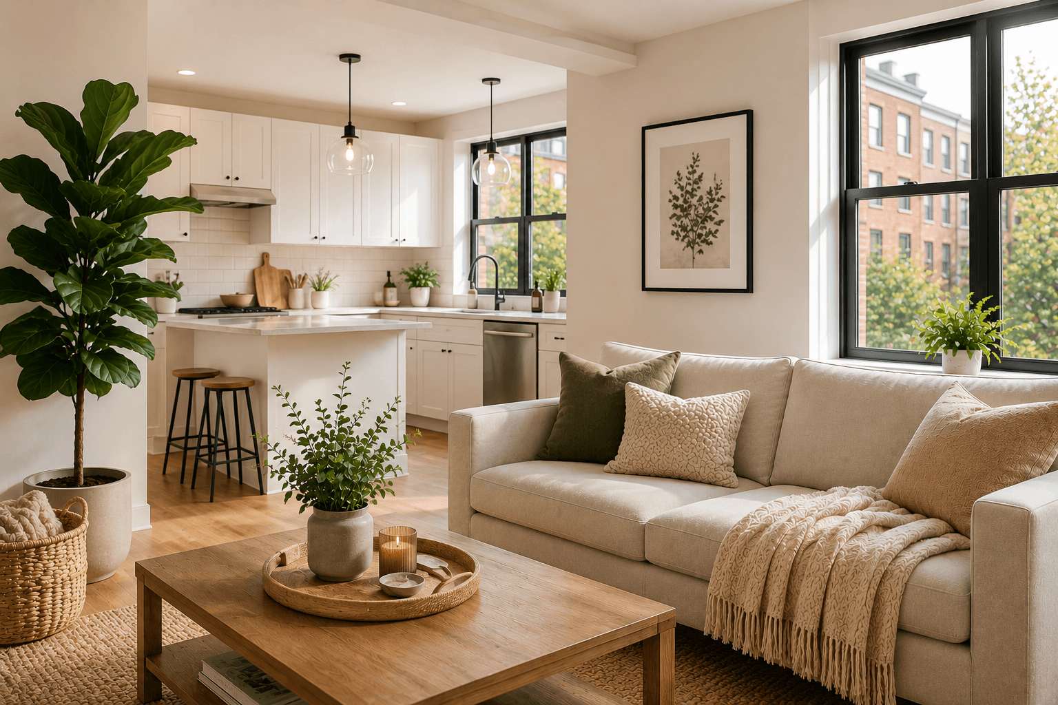 Bright, clean Brooklyn apartment living room and kitchen